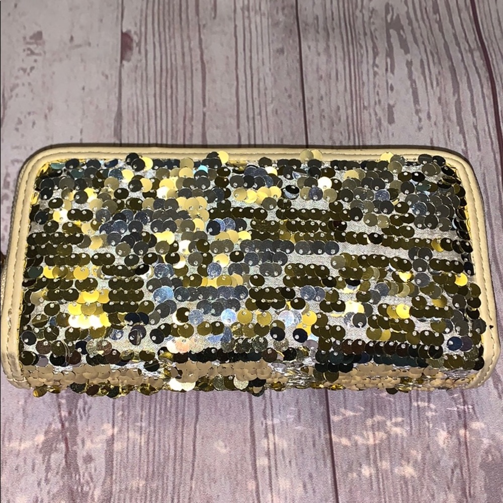 NWT Gold Sequin Double Zip Wallet Clutch